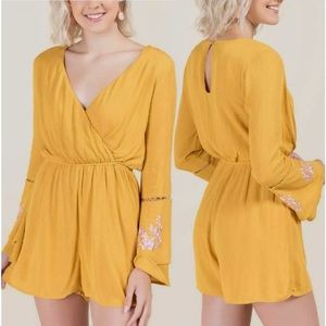 Francesca’s Gabriela Bell Sleeve Mustard Yellow Floral Pink Embroidered Romper